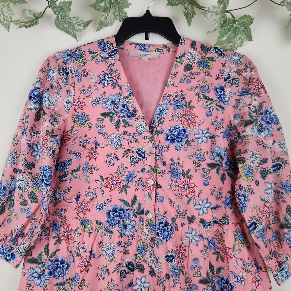 Loft Size 10 Floral Pink Multi Embroidered 3/4 Sleeve Women’s Swing Shirt Dress - Picture 2 of 8